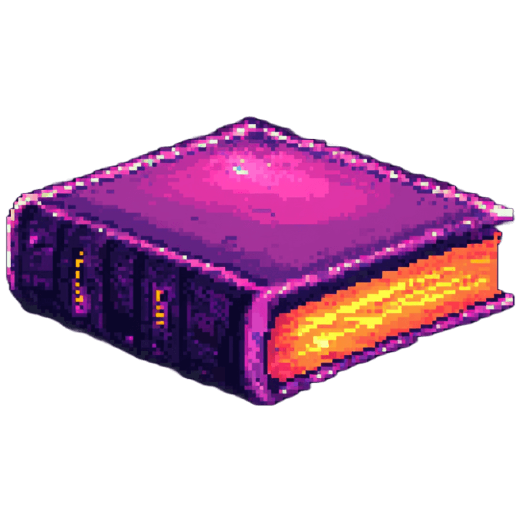 Pixel art of a closed purple book with glowing orange-yellow edge, luminous cover and spine, in retro video game style