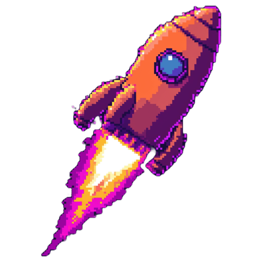 Pixel art of a retro-styled orange rocket ship with vibrant flames against a black background