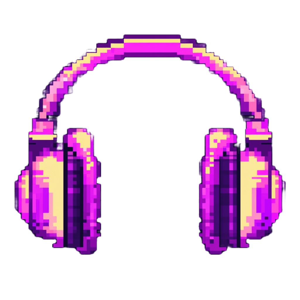 Symmetrical front view of pixel art headphones in shades of purple and pink on black background