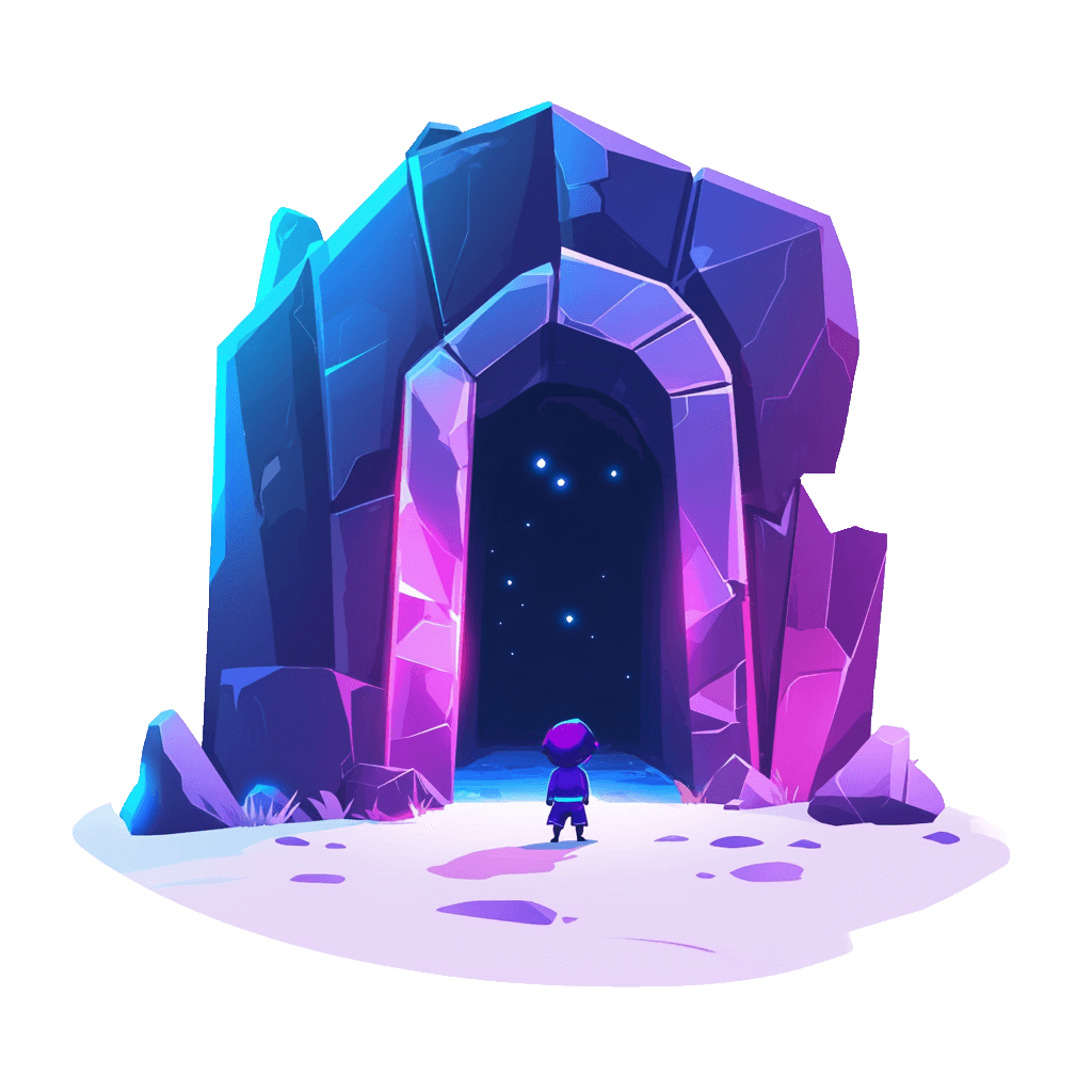 Digital illustration of a small character in front of a magical gateway surrounded by tall rock structures in shades of blue and purple