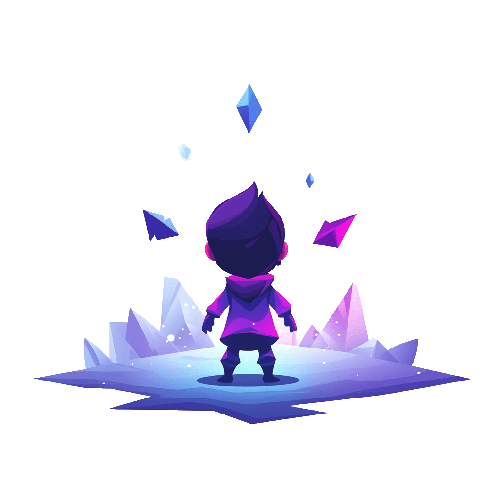 Illustration of a character standing on a glowing icy platform viewed from behind, wearing a purple outfit with short hair. Floating crystals in shades of blue and purple hovering above the character.