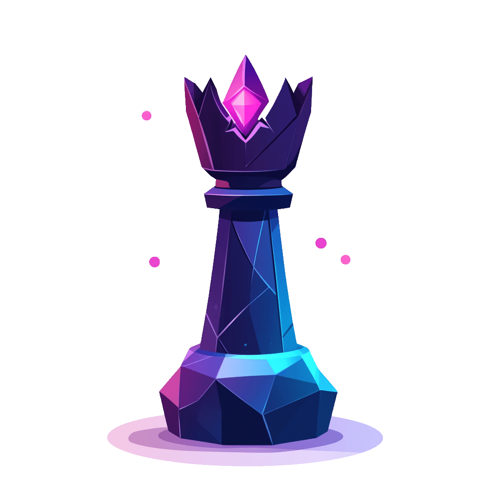 Stylized illustration of a chess queen piece with a geometric design, shades of purple, blue, and hints of pink on a black background