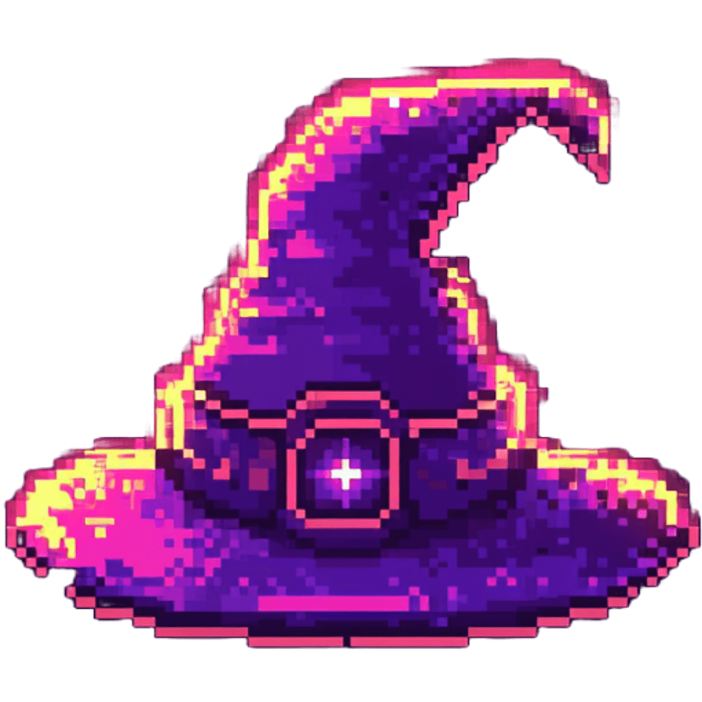 Pixel art style purple wizard hat with wide brim and conical crown, adorned with glowing circular buckle in pink and yellow hues on black background