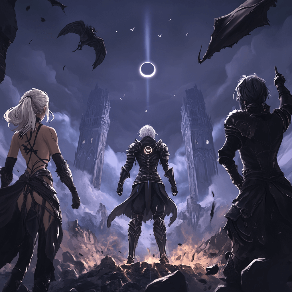 Three warrior figures in dark armor stand before a mystical landscape with crumbling towers and a glowing eclipse, surrounded by winged creatures.