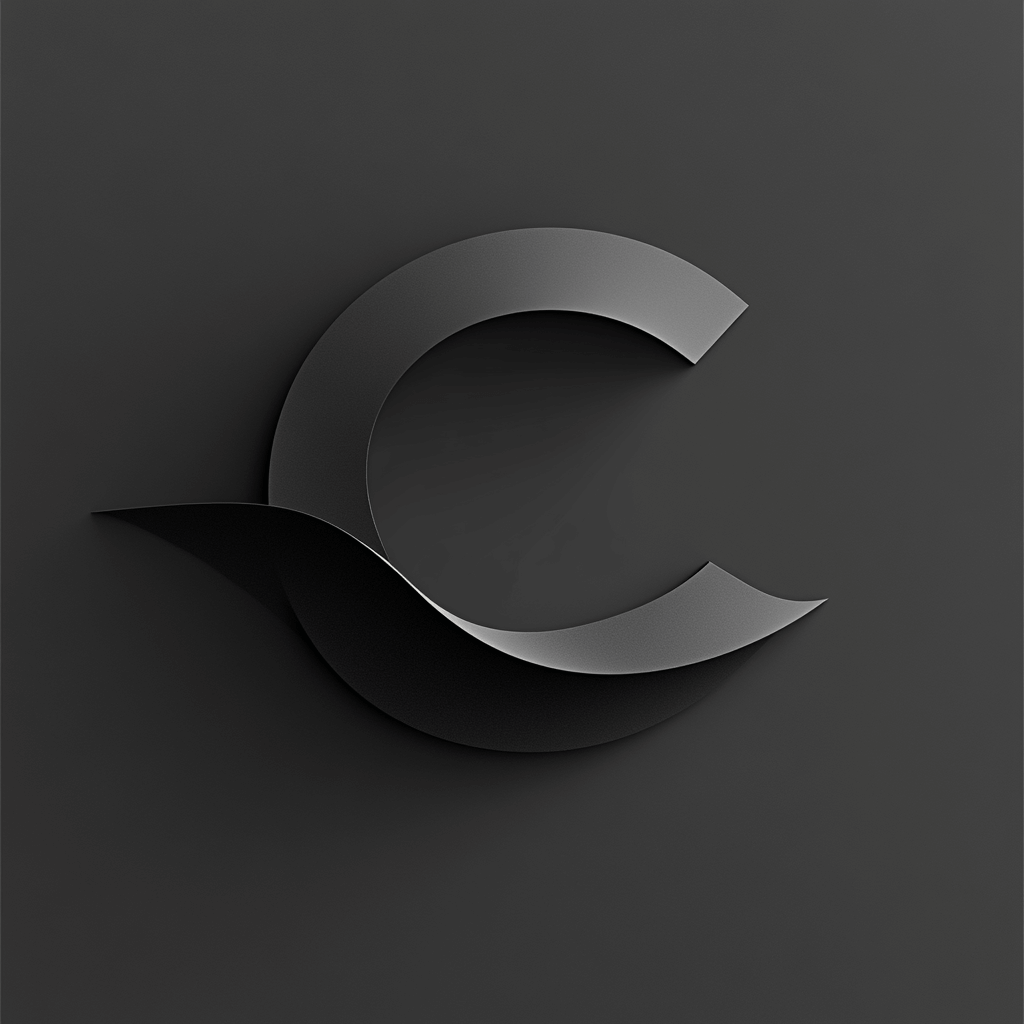 Sleek and stylish letter C with smooth curves and shadow effects on dark background