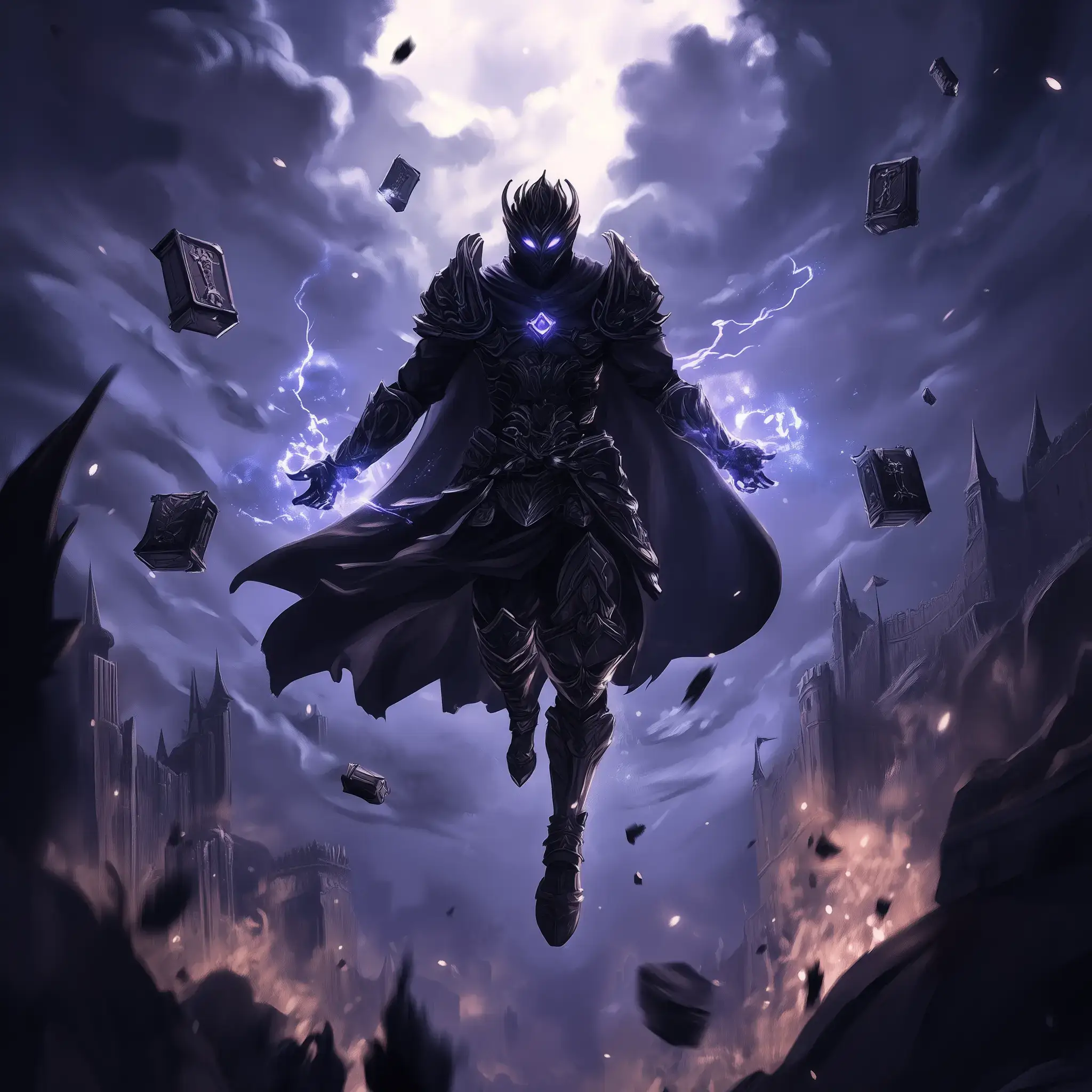 Dark-clad armored figure emitting a purple ethereal glow, surrounded by storm clouds, lightning, and floating books in a gothic setting