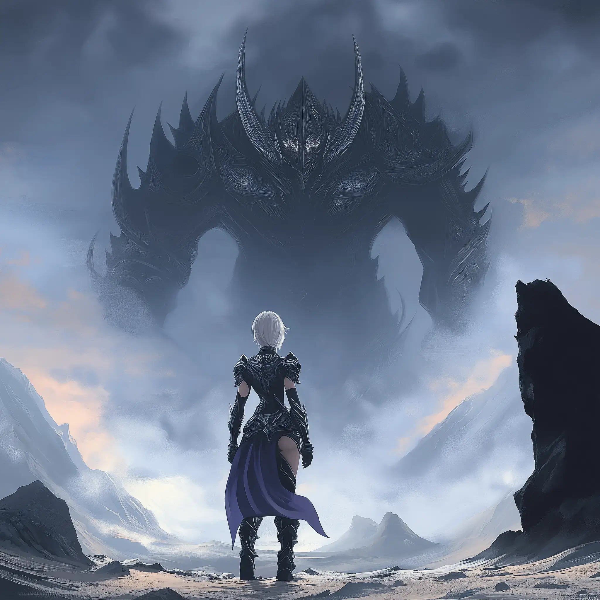 Image of a lone warrior with short white hair facing an ominous, towering dark creature in a desolate landscape, clad in dark armor with a purple cape, surrounded by mist and jagged mountains.