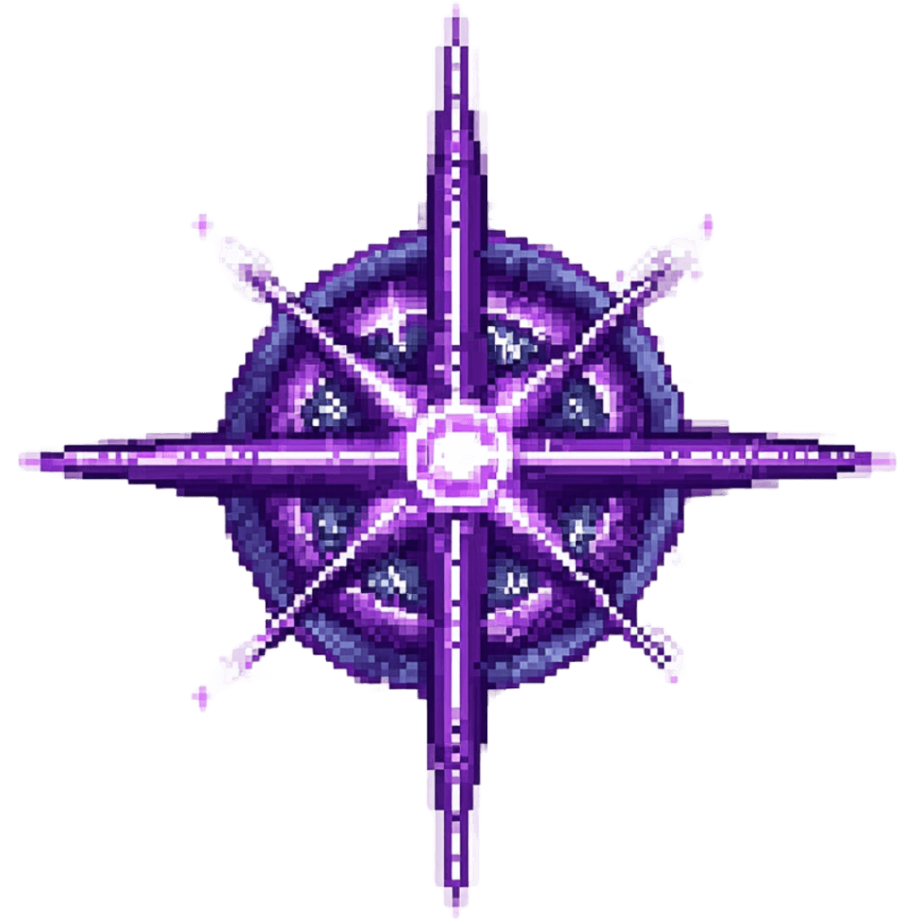 Detailed shades accompany a vibrant and high-contrast purple pixel art compass rose, capturing nostalgic 8-bit style and vintage adventure themes.