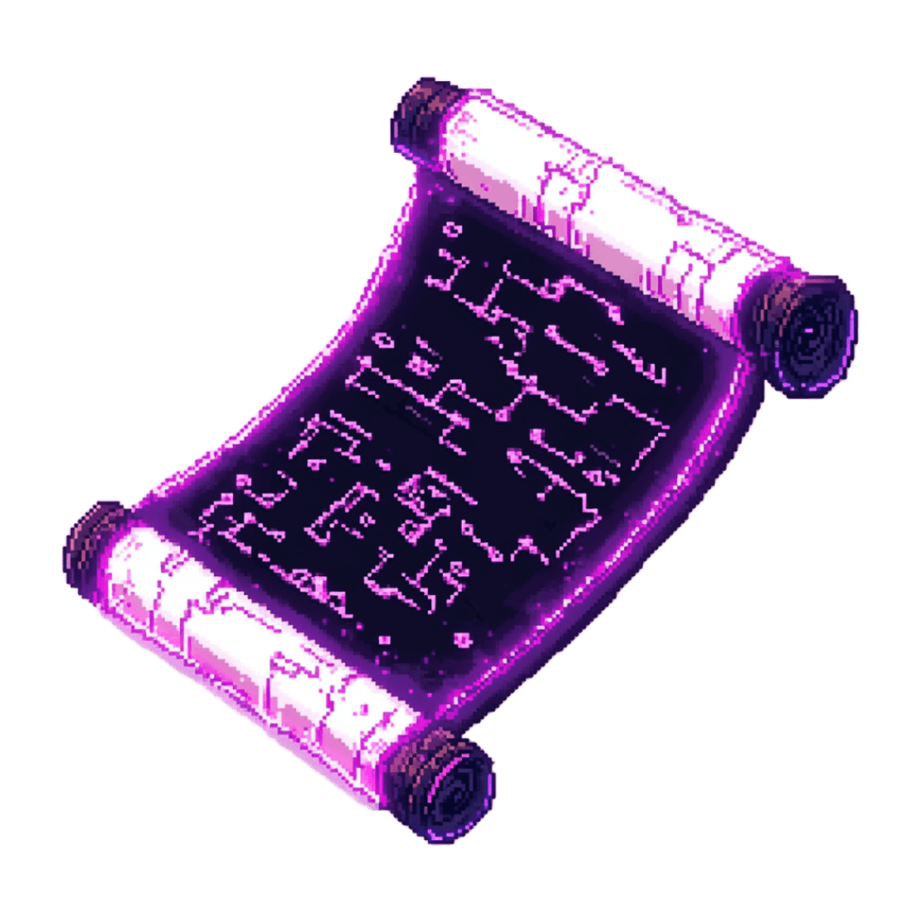 Pixel art scroll featuring luminous purple symbols and text on a dark background