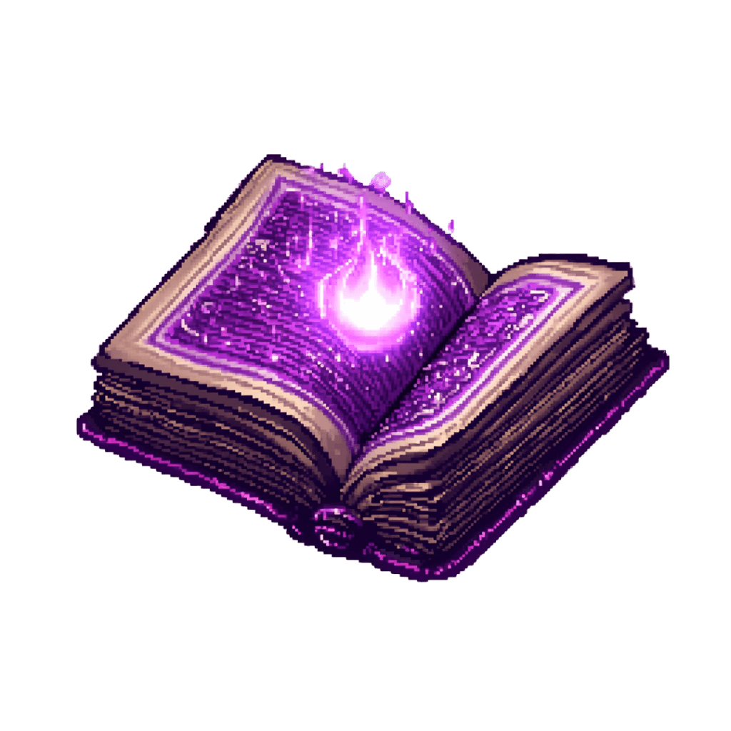 Illustration of an open book with ethereal purple glow, ancient tome with worn edges and intricate details, bright mystical light symbolizing magic or knowledge, pixelated retro aesthetic