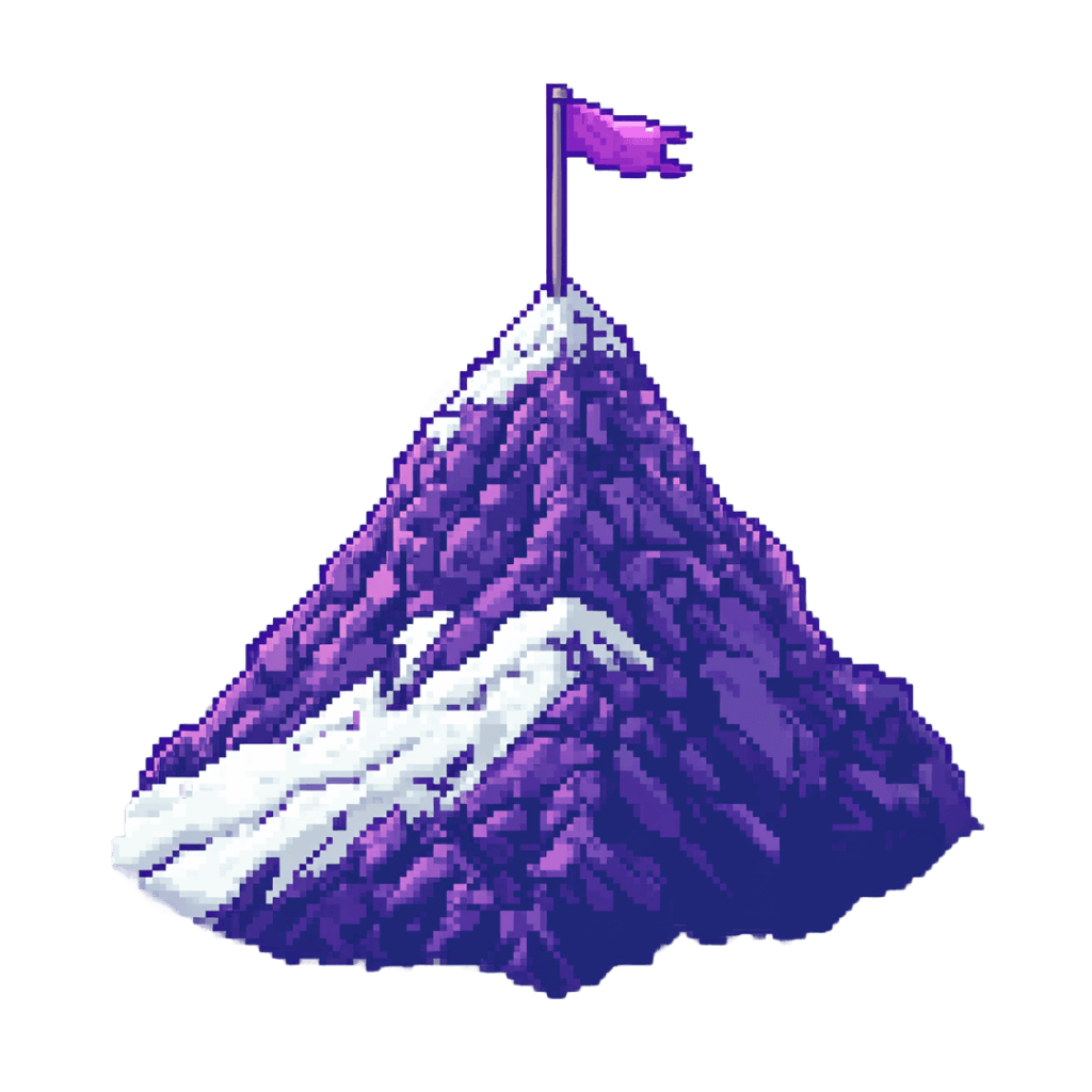 A pixel art depiction of a steep, rocky mountain with patches of snow. A purple flag flapping in the wind at the mountain's summit. The mountain is textured and primarily shaded in purple tones.