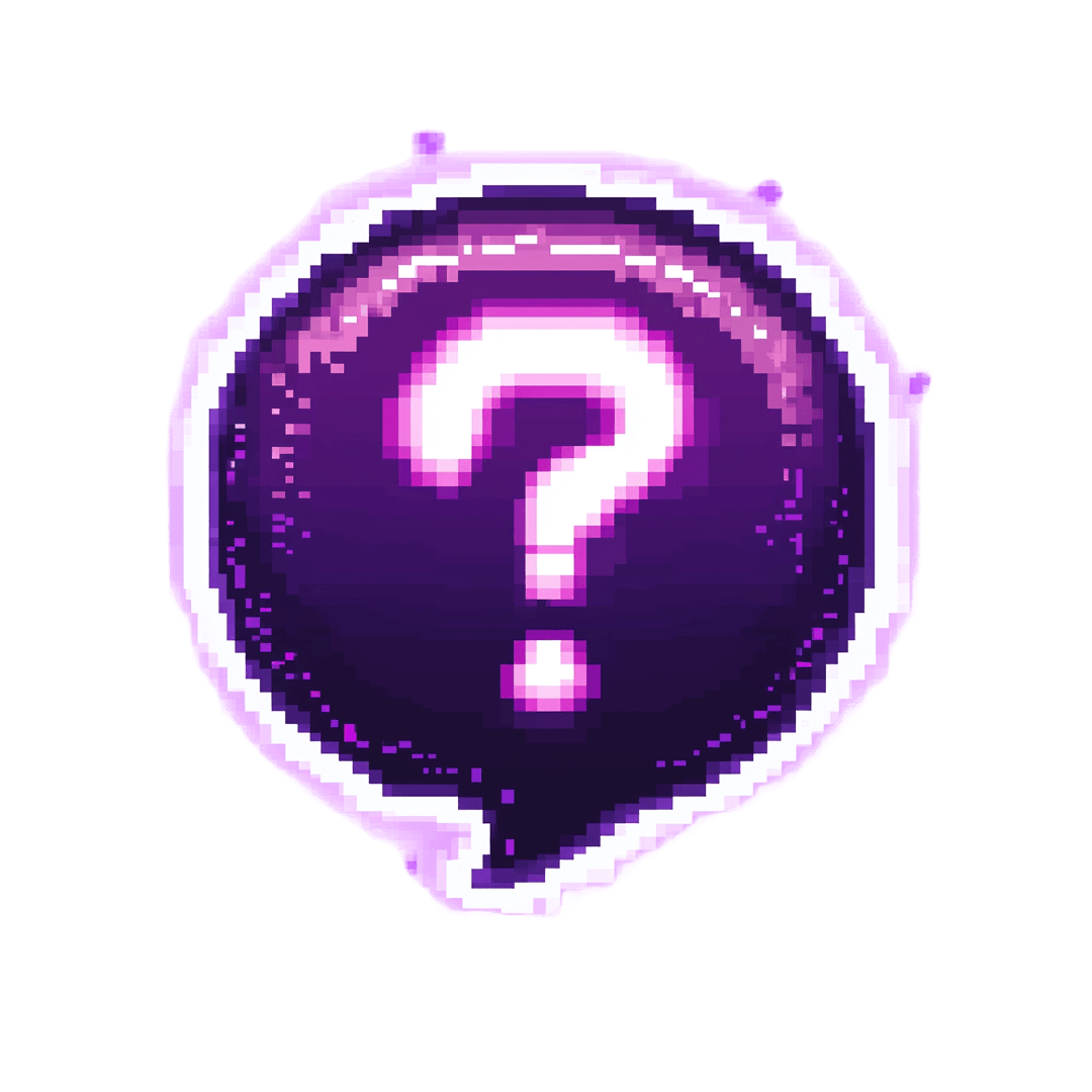 Pixellated purple speech bubble with a glowing white question mark in the center on transparent background