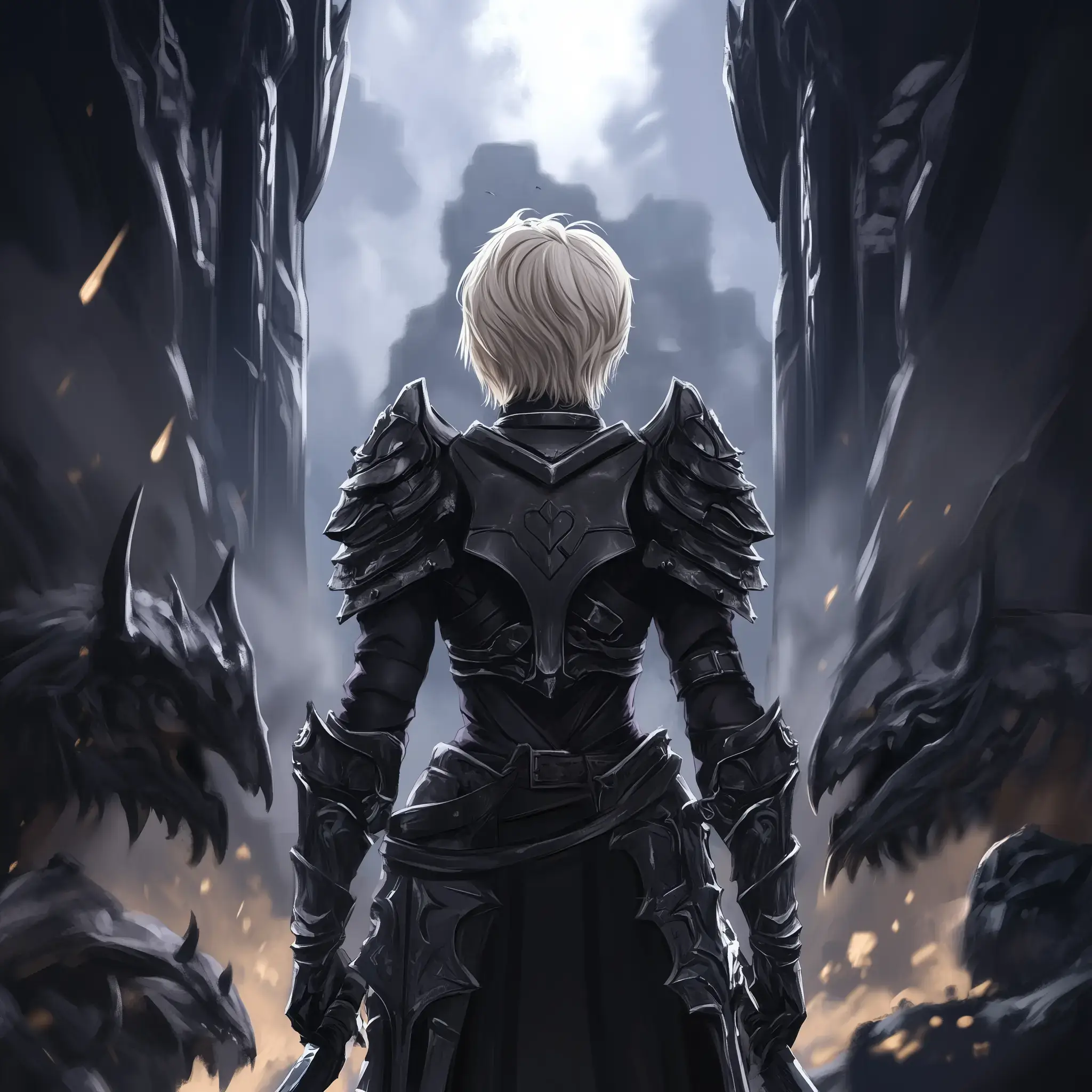 Illustration of a character with short white hair in dark, ornate armor, standing with their back facing the viewer, surrounded by dark, dragon-like creatures. Jagged rock formations and glowing embers in the environment.