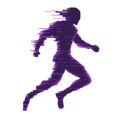 Digital representation of a purple running figure with glitch effect showing speed and movement.