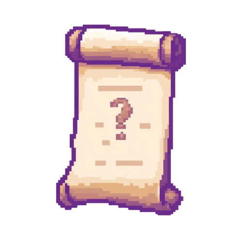 Pixelated vintage scroll with rolled edges, parchment texture, and prominent question mark in purple and beige hues