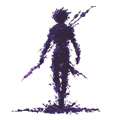 Abstract silhouette of person holding long sword made from purple digital particles