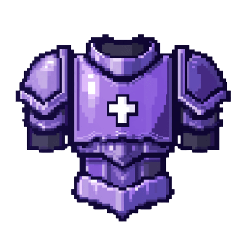 Pixel art of a stylized purple armor set with a white cross emblem, featuring segmented plates and shoulder guards on a black background.