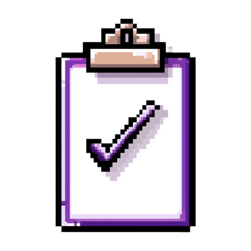 A pixel art image of a clipboard with a white sheet of paper and a large purple check mark on it. The design features simplified graphics with blocky pixels in shades of white, purple, black, and brown on a black background.