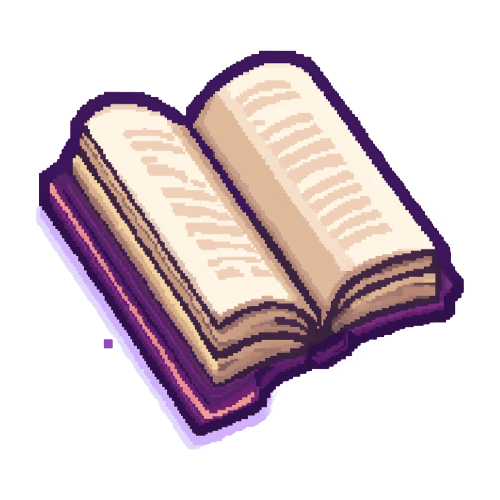 Stylized pixel art representation of an open book with purple cover and visible pages with text lines