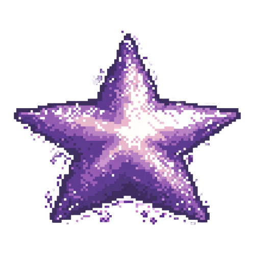 Pixel art style purple star with vibrant glowing center and retro video game aesthetics on black background