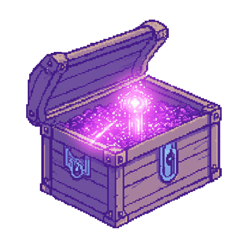 An open treasure chest emitting a bright, glowing purple light, filled with sparkling, luminescent particles in a pixel art style