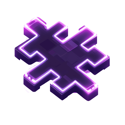 3D hashtag symbol in vivid purple with neon-like glow on a black background