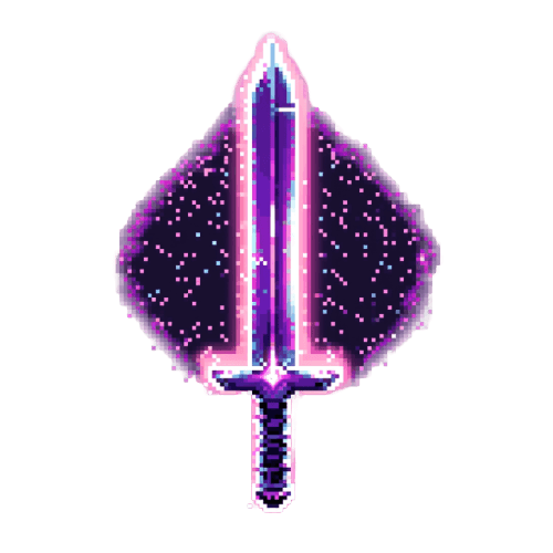 A pixel art image of a glowing purple sword surrounded by sparkles and an ethereal aura on a dark background