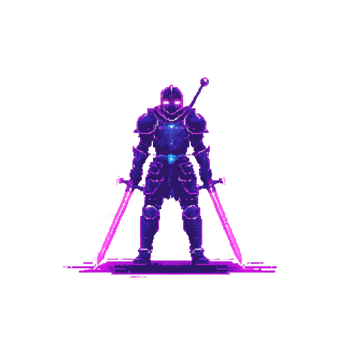 Image of a futuristic cyber warrior standing confidently with neon pink swords and advanced glowing armor.