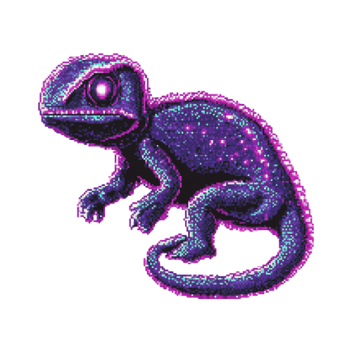 Vibrant pixel art image of a lizard with a galaxy-like texture in purples and blues, sparkles resembling stars, outlined with neon pink glow.