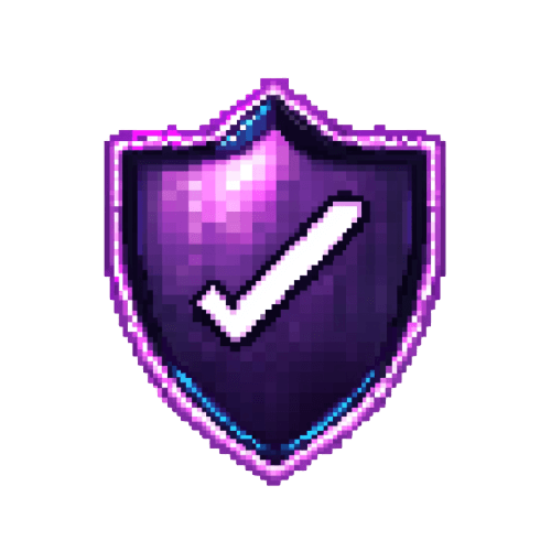 An 8-bit style purple shield icon with a white check mark in the center, glowing purple outline, and pixelated appearance. Symbolizes protection or verification in retro video game graphics.