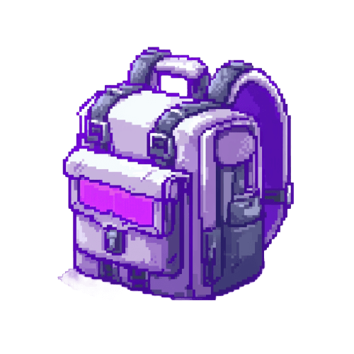 Pixel art illustration of a purple backpack with top handle, front flap pocket, and side compartments, showcasing retro 8-bit style in vibrant purple and white shading for 3D effect