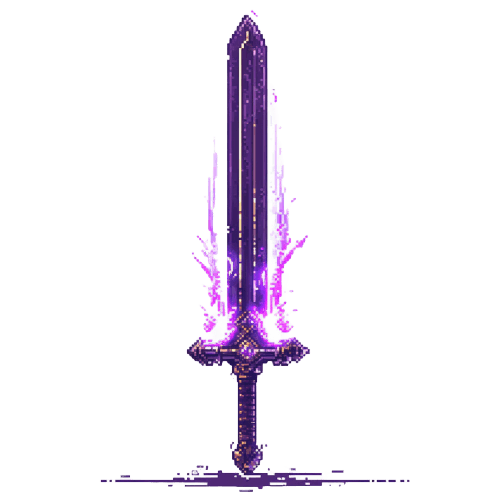 A mystical pixel art sword with a purple blade, intricate hilt detailing, and magical energy glowing elements on a transparent background.